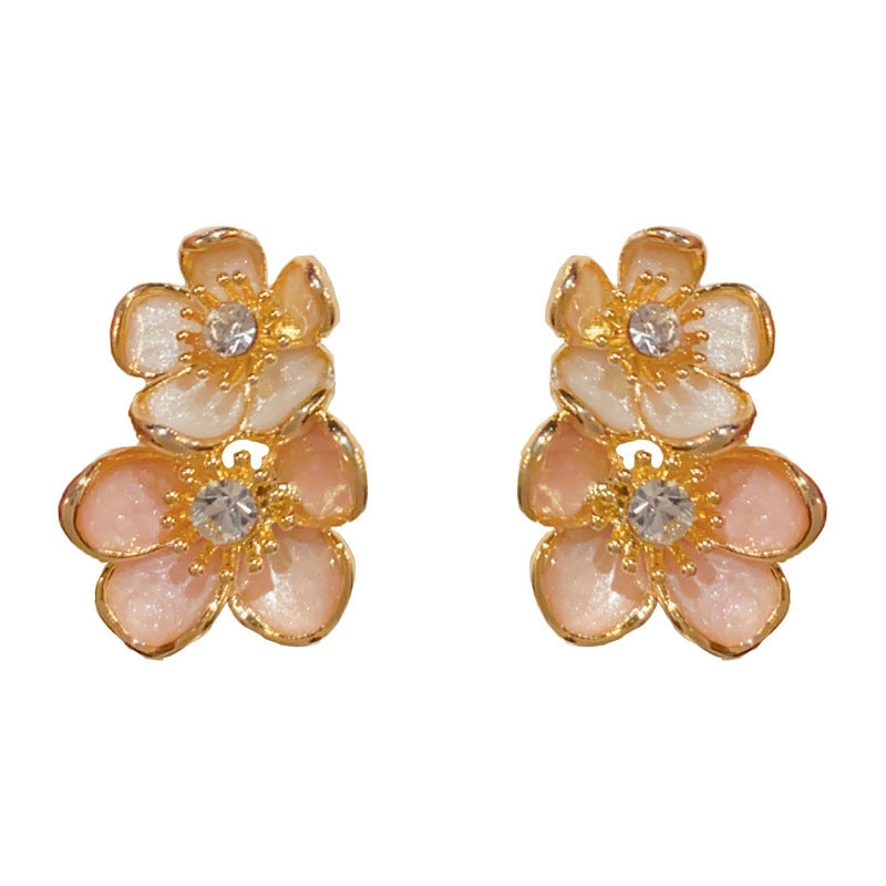 14K Gold Pink Enamel Double Petal Stud Earrings – Elegant Design