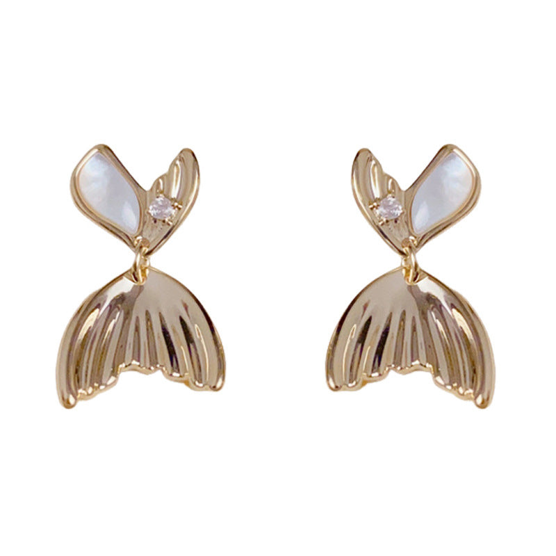 14K Gold Metal Mother-of-Pearl Fish Tail Earrings – Elegant Design