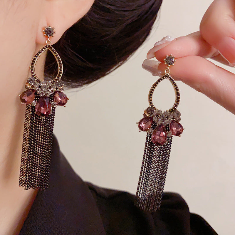 Luxury Coffee Zircon Teardrop Tassel Drop Earrings – Elegant Design