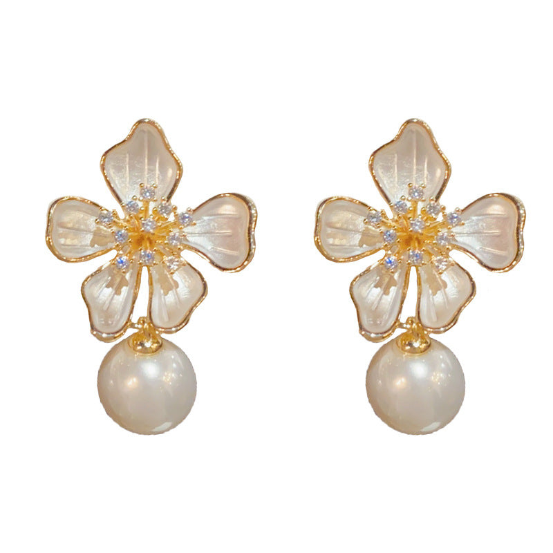 14K Gold-Plated Flower Drop Pearl Earrings – Elegant Minimalist Design