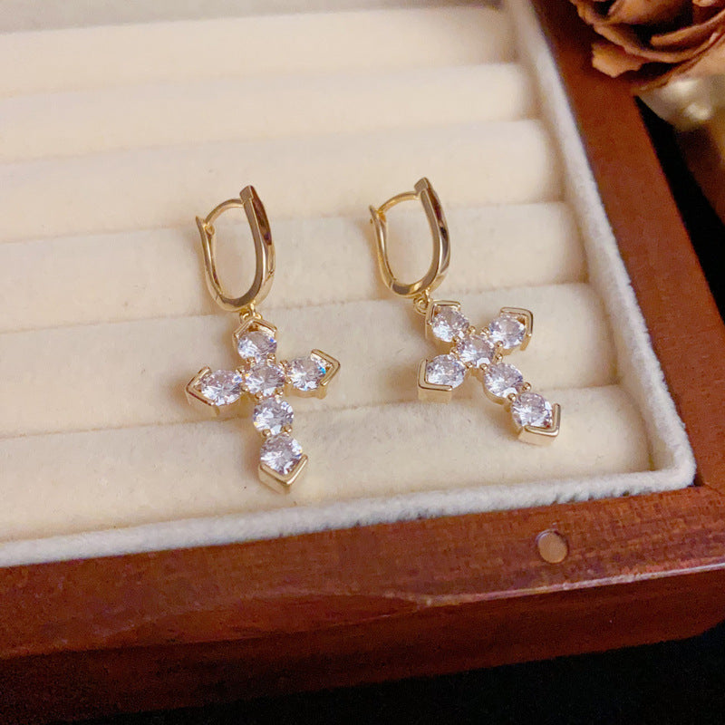 Luxury Full-Zircon Cross Tassel Ear Cuff Earrings – S925 Silver Needle