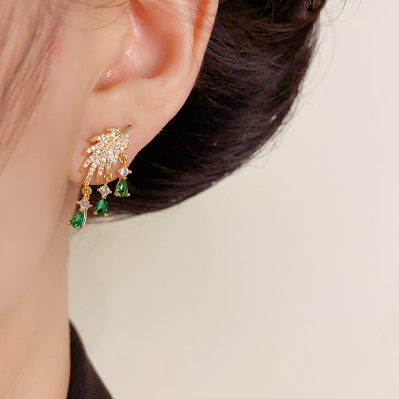 Zircon Leaf & Green Droplet Tassel Drop Gold Earrings – Elegant Design