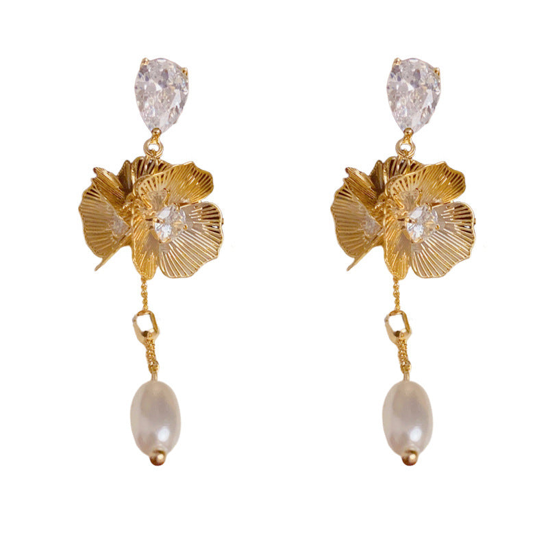 Luxury Hollow Flower & Pearl Tassel Drop Earrings – S925 Silver Needle
