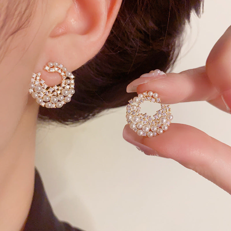 Zircon & Pearl C-Shaped Stud Gold Earrings – Elegant Geometric Design