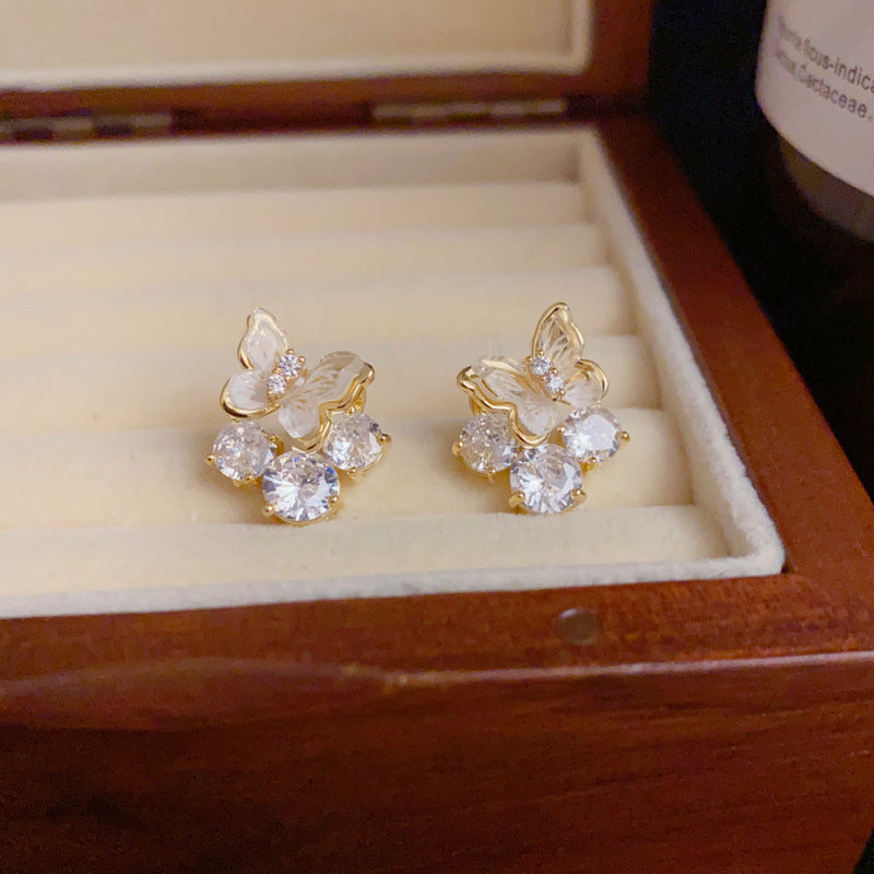 14K Gold-Plated Diamond Butterfly Stud Earrings – Elegant Design