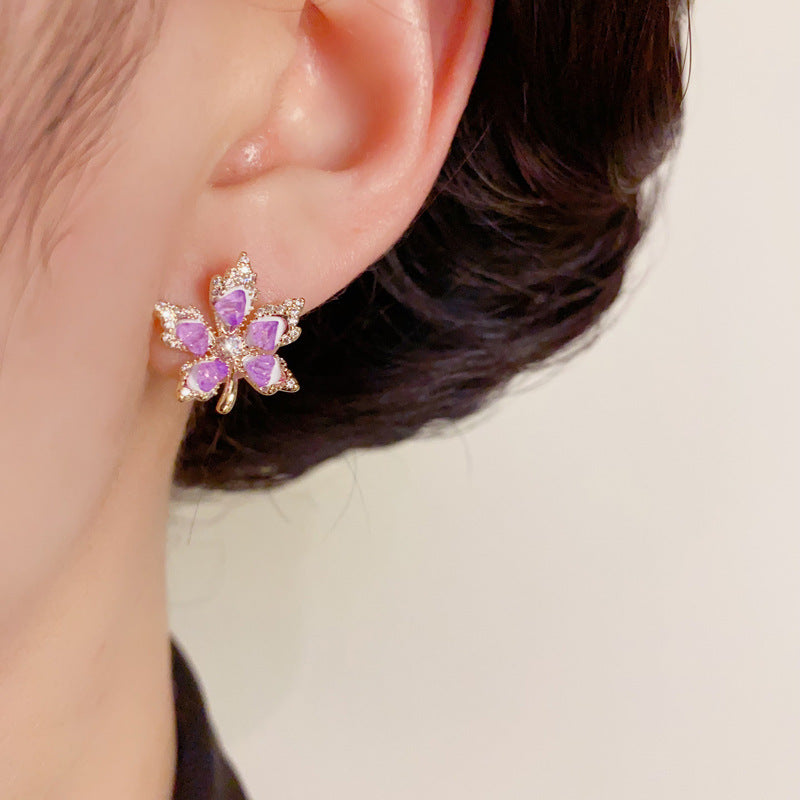 14K Gold-Plated Purple Maple Leaf Stud Earrings – Chic Floral Design