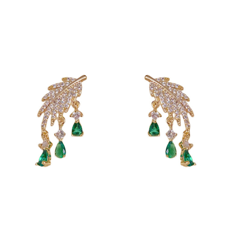 Zircon Leaf & Green Droplet Tassel Drop Gold Earrings – Elegant Design