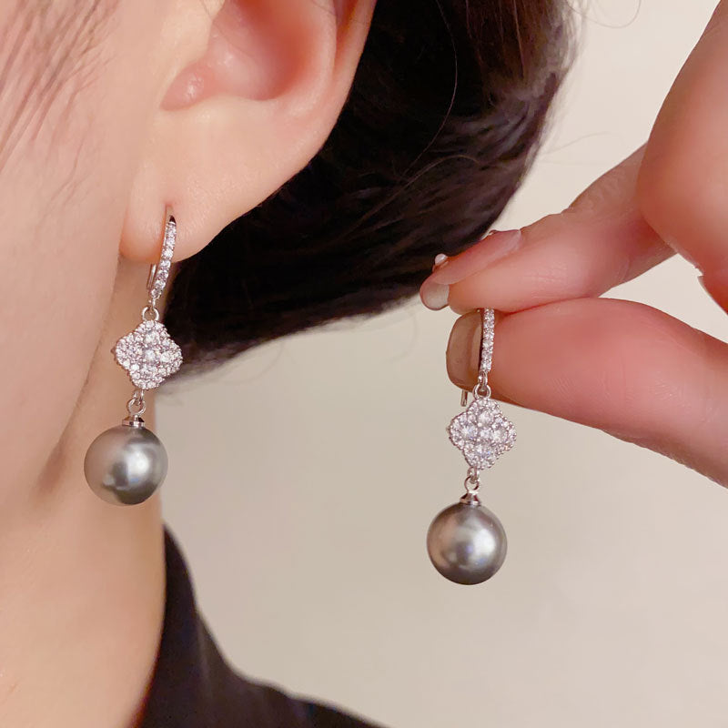 Elegant Zircon Four-Leaf Flower Gray Pearl Ear Hooks – French Design