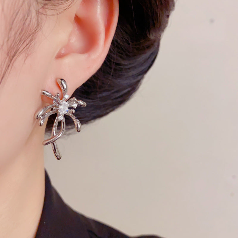 Gold Zircon Petal Earrings – French Retro Flower Studs for Women