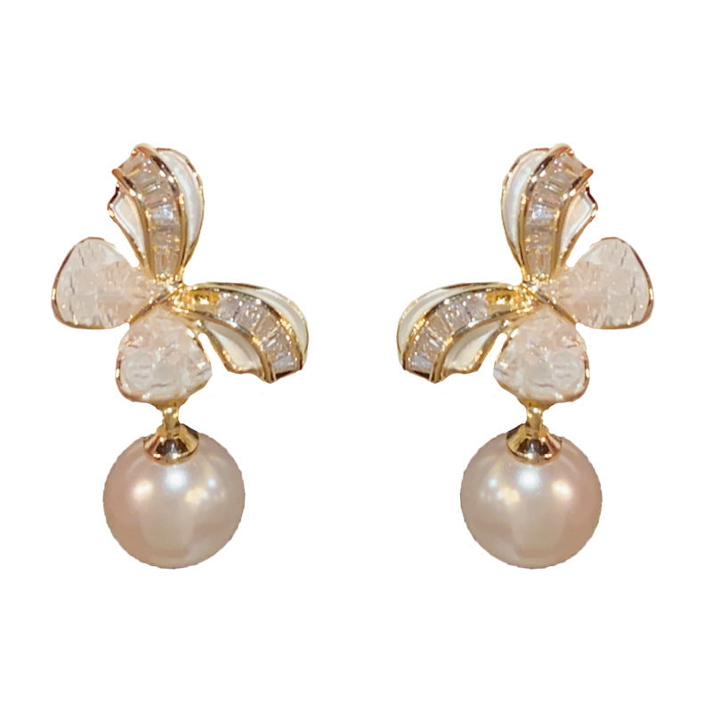 14K Gold-Plated Diamond Butterfly Pearl Drop Earrings – Elegant Design