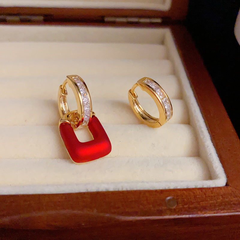 14K Gold-Plated Red Geometric Dual-Wear Earrings - Chic & Versatile