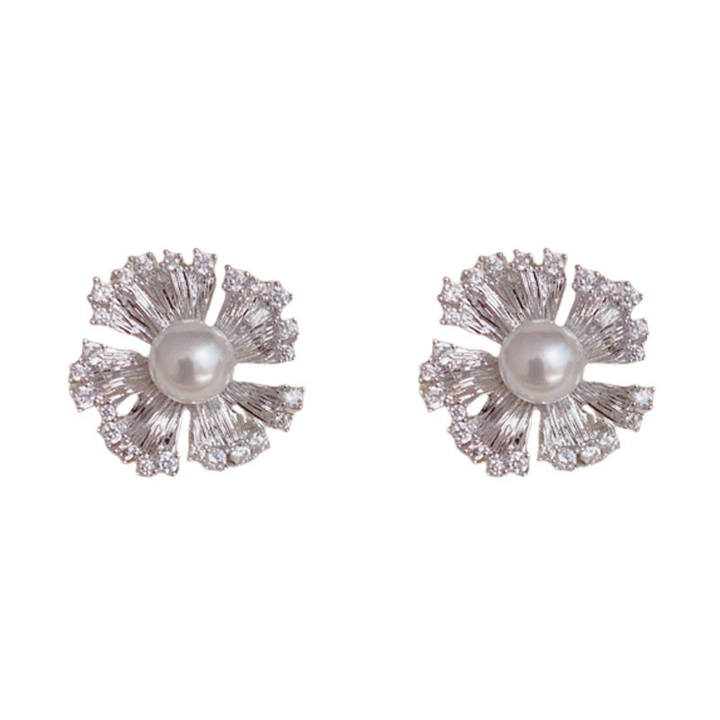 Elegant Metal Zircon & Pearl Petal Stud Earrings – Floral Design