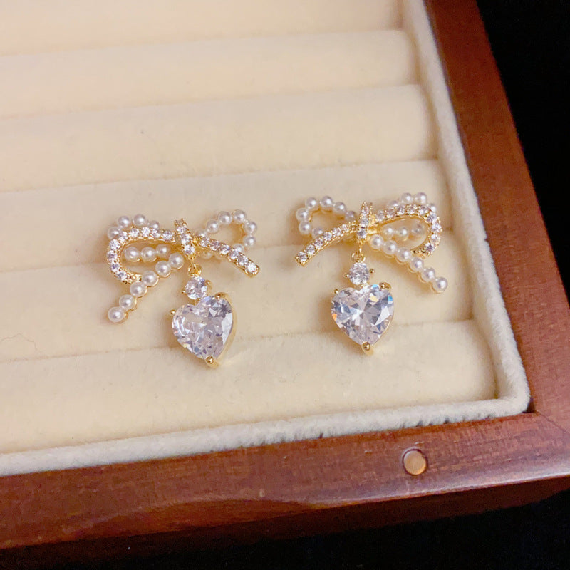14KGold-Plated Pearl Bowknot Zircon Water Drop Earrings-Elegant Deisgn