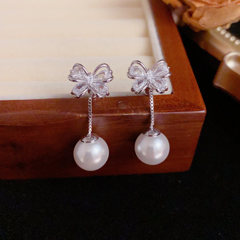 Luxury Zircon Bow & Two-Way Pearl Drop Earrings – Silver Needle Design