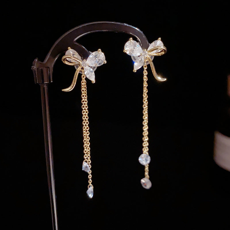 14K Gold-Plated Sweet Zircon Bow Tassel Drop Earrings – Elegant Design