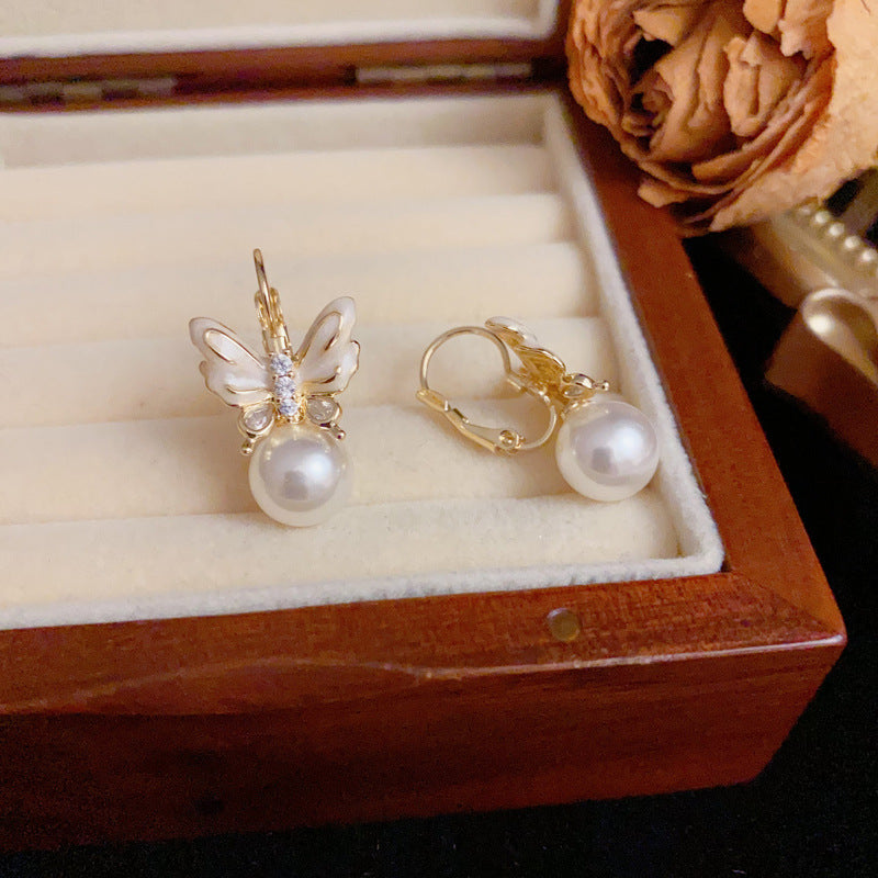 14K Gold Elegant Butterfly & Pearl Earrings – S925 Silver Needle