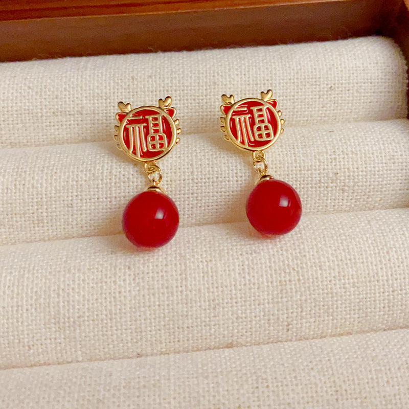 14K Gold-Plated Red Fu Character Pearl Drop Earrings -Festive Elegance