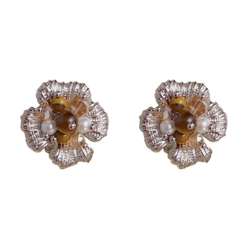 Eaioncol Tiger Eye Glass Floral Hoop Earrings Gold Silver