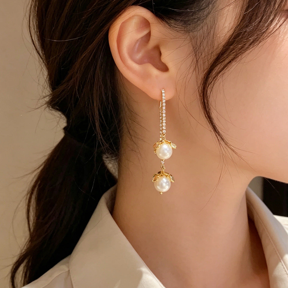 Eaioncol Two-Way Pearl Geometric Tassel Earrings Gold Silver