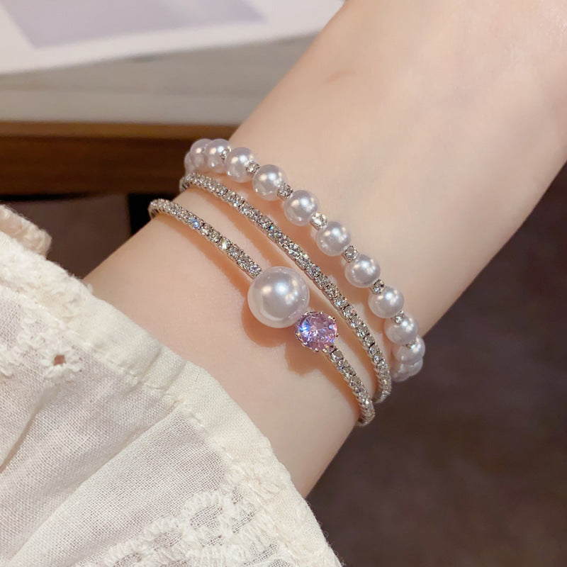 14K Gold-Plated Zircon Pearl Layered Bracelet – Chic Minimalist Design