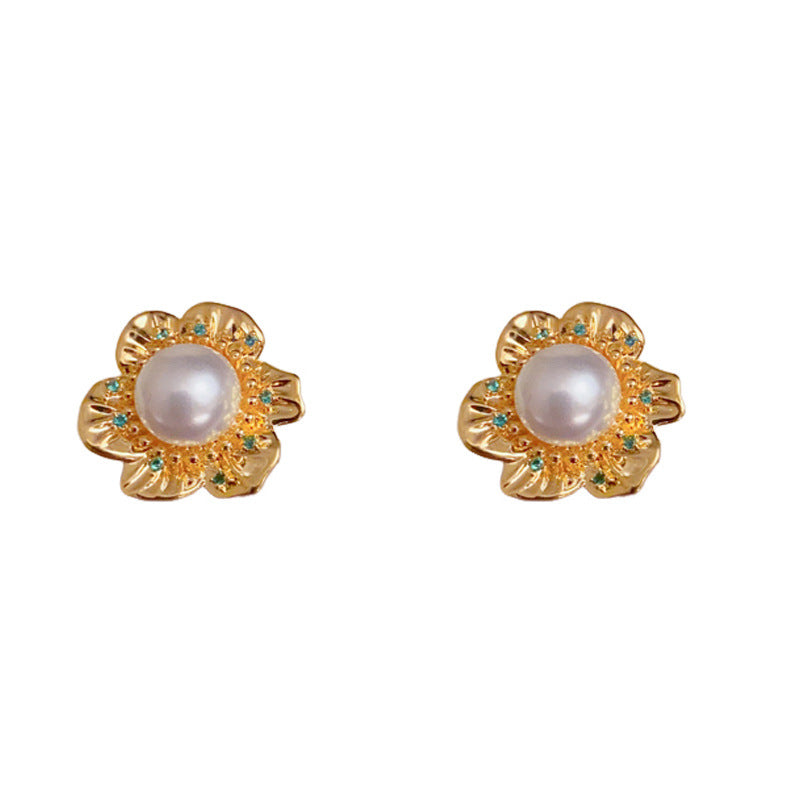 Luxury Metal Pearl & Flower Stud Gold Earrings – Floral Design