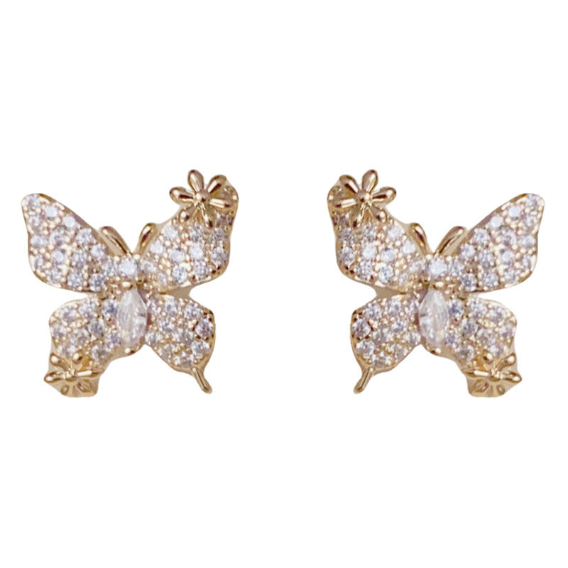 14K Gold-Plated Full Zircon Butterfly Stud Earrings – Elegant Sparkle