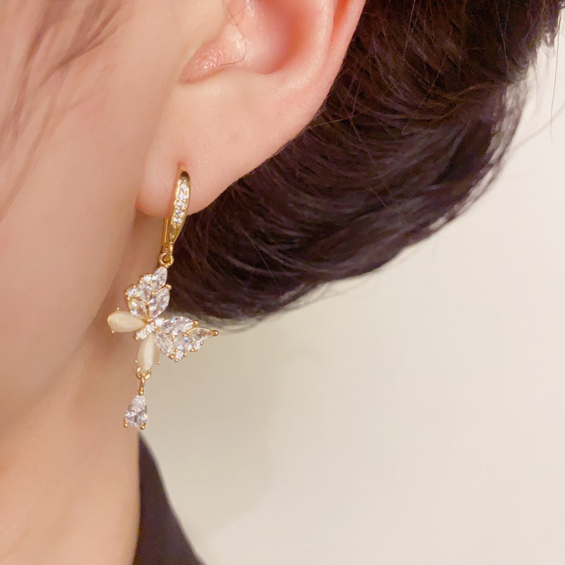 14K Gold Zircon Butterfly & Waterdrop Drop Earrings – Elegant Design