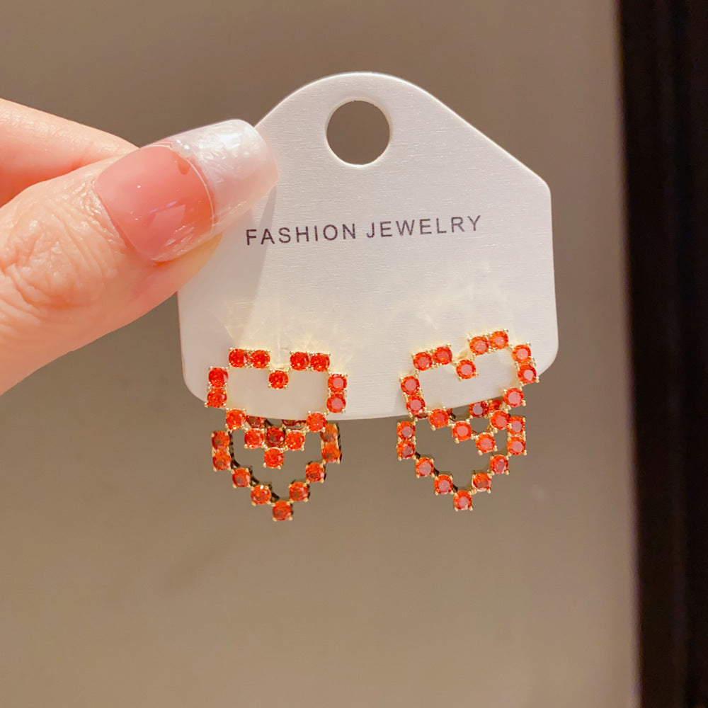 Eaioncol Red Heart CZ Two-Way Earrings 14K Gold Plated