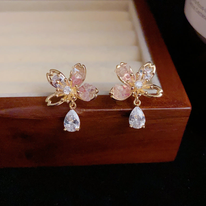 14K Gold Pink Crystal Flower Petal Drop Earrings – Sweet & Elegant