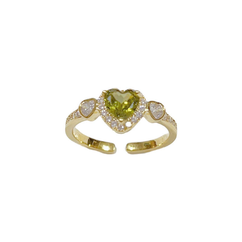 14K Gold-Plated Zircon Green Heart Open Ring - Chic and Unique Design