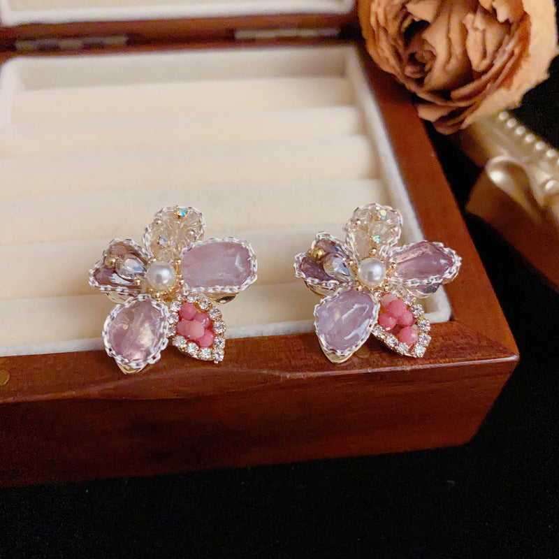 14K Gold-Plated Luxury Crystal Flower Stud Earrings – Floral Design