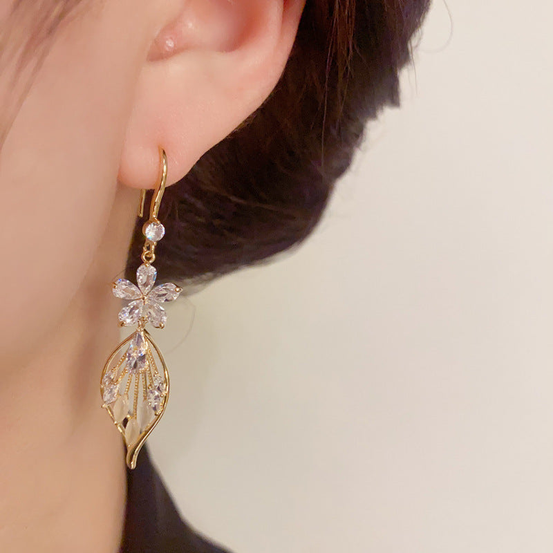 14K Gold-Plated Diamond Flower Leaf Tassel Earrings - Elegant Design
