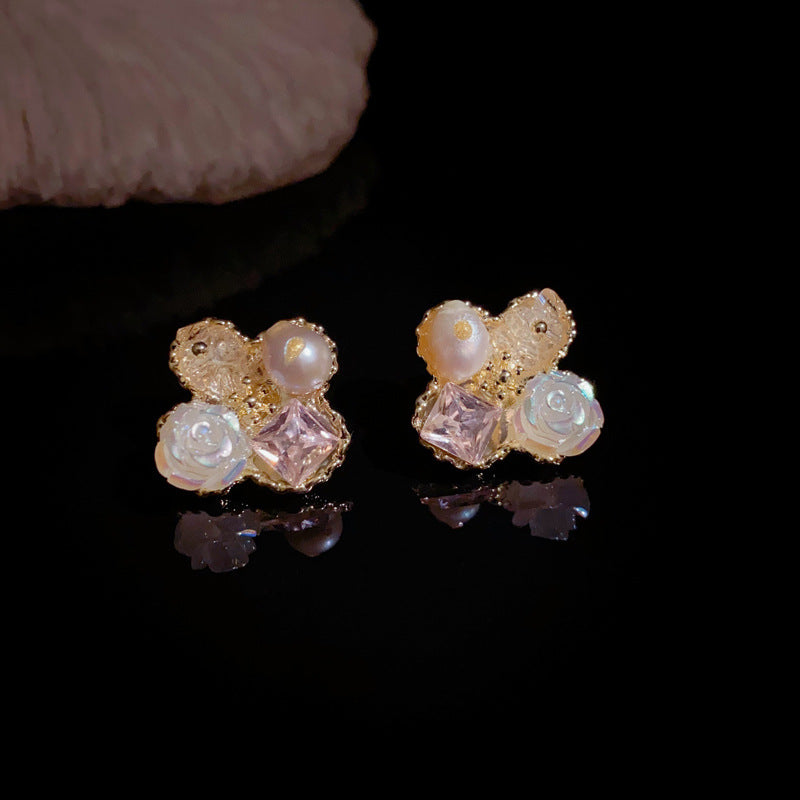 14K Gold-Plated Crystal Four-Leaf Flower Stud Earrings – Sweet & Minimalist