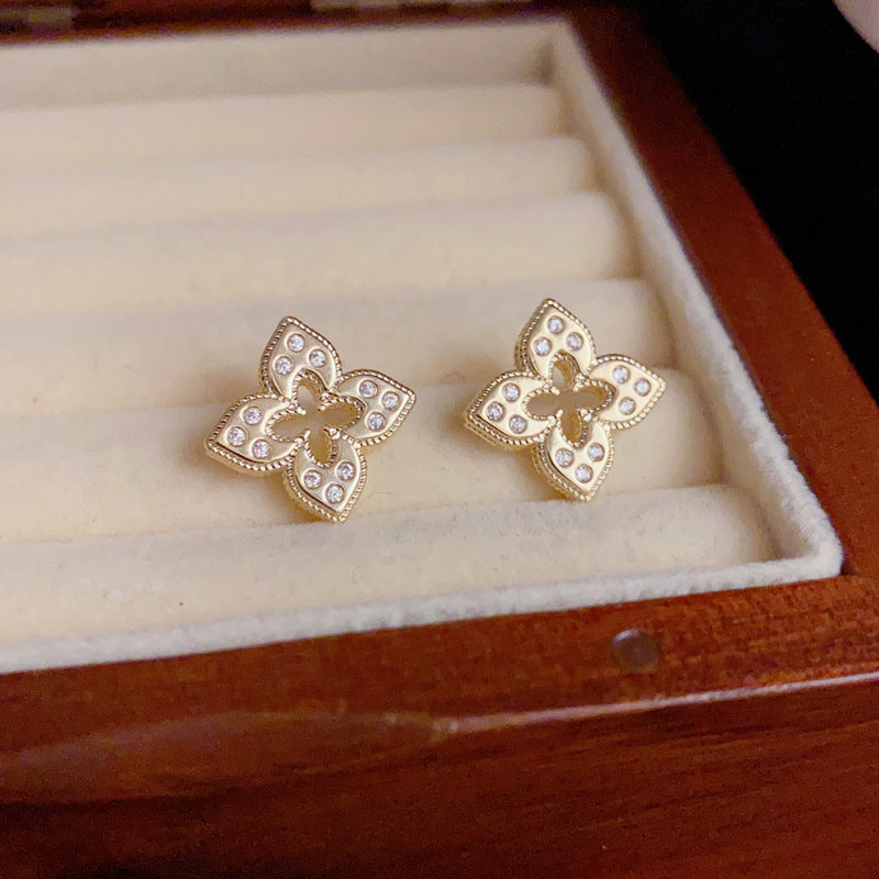 14K Gold-Plated Zircon 4-Petal Flower Earrings – Elegant Floral Design