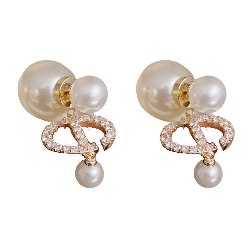 14K Gold CD Letter Front-Back Pearl Earrings – Modern Chic Design