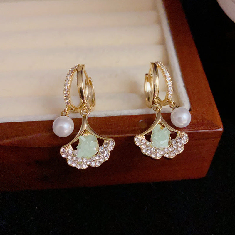 14K Gold-Plated Green Ginkgo Leaf Zircon Earrings – Elegant Design