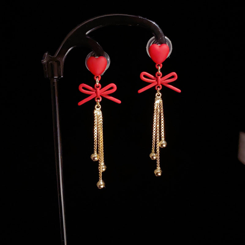 14K Gold-Plated Red Heart Bow Tassel Drop Earrings - Chic Design