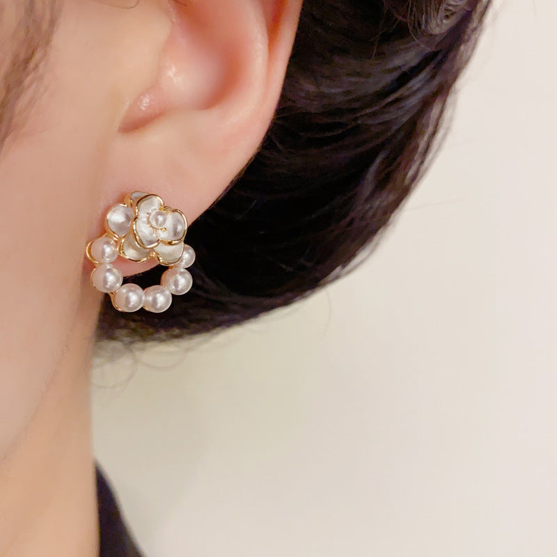 14K Gold Enamel Flower Pearl Stud Earrings – Elegant Minimalist Design