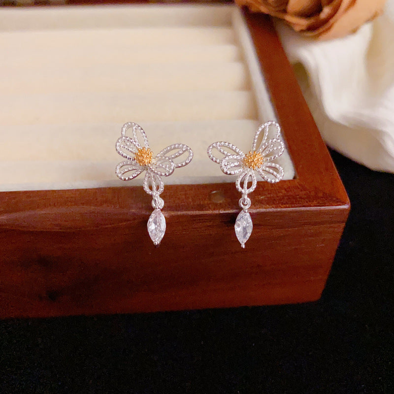 Luxury Hollow Butterfly & Droplet Drop Sliver Earrings– Elegant Design