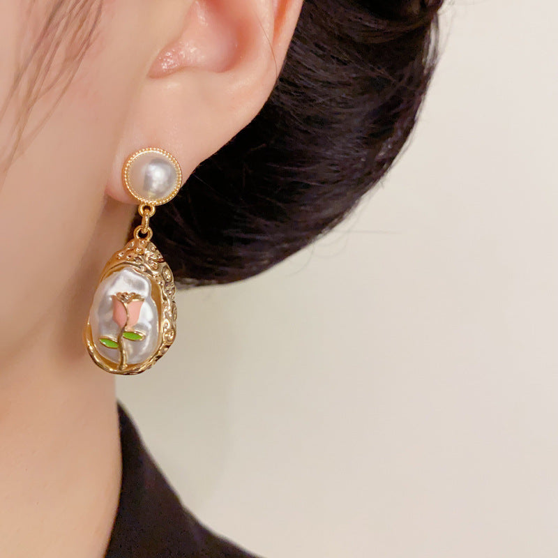 Luxury Irregular Pearl & Flower Tassel Drop Earrings – Elegant Design