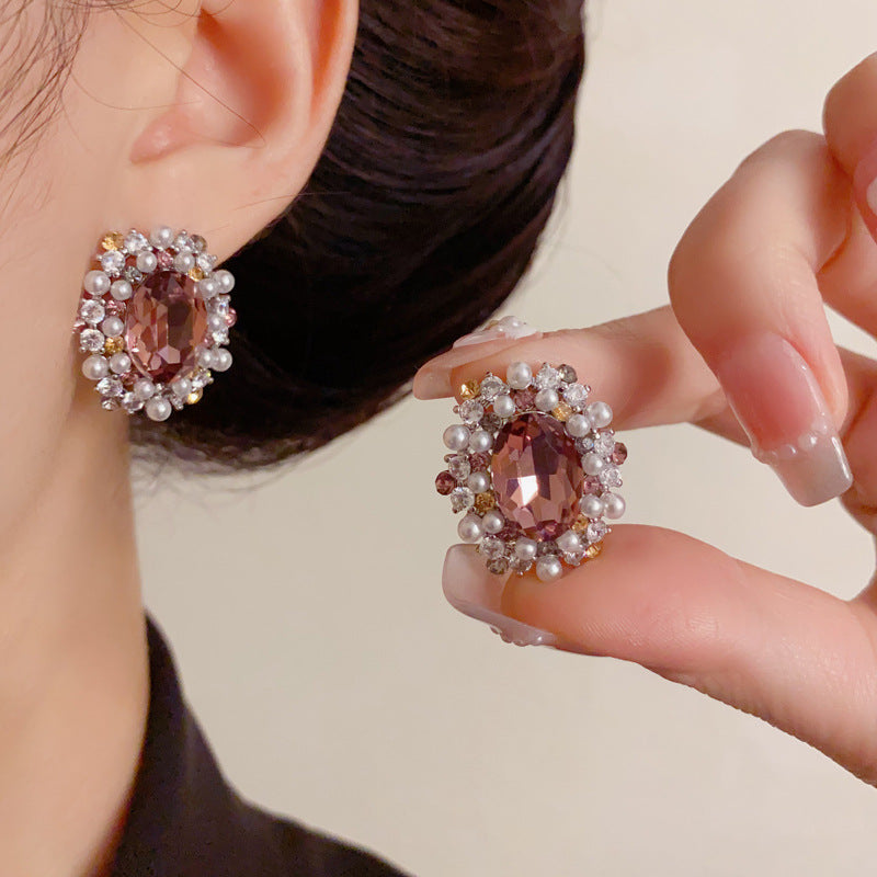 Luxury Full-Zircon Pearl Oval Stud Earrings – Floral Design