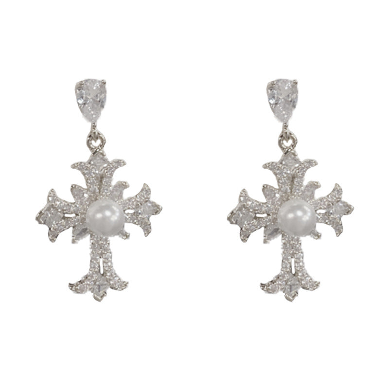 14K Gold Cross Elegant Earrings – Cubic Zircon & Pearl for Women