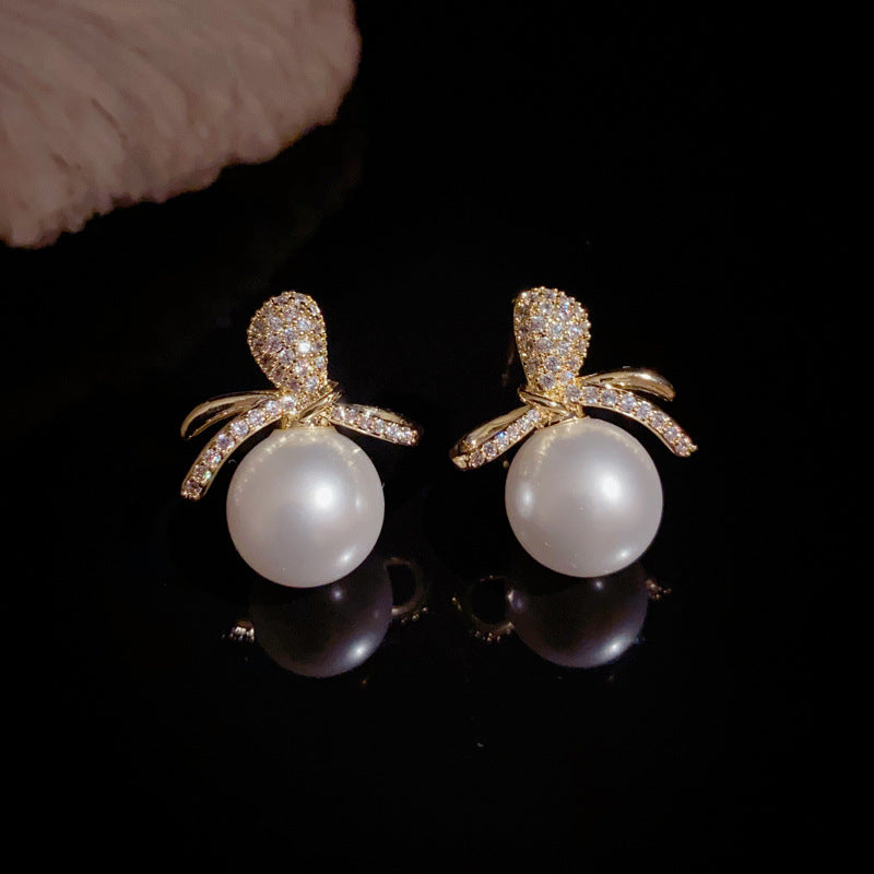 14K Gold S925 Silver Needle Zircon Pearl Stud Earrings– Elegant Design