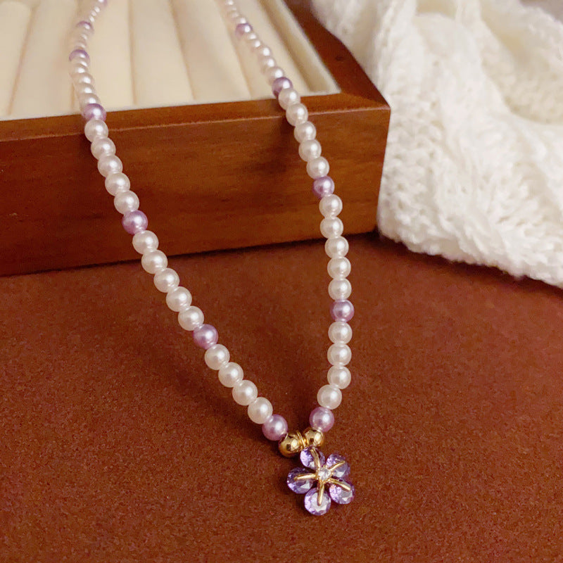 14K Gold-Plated Purple Flower Pendant Pearl Necklace – Elegant Design