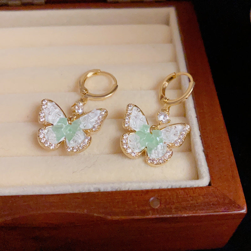 14K Gold Green Zircon Butterfly Drop Earrings- Chic Elegance Design