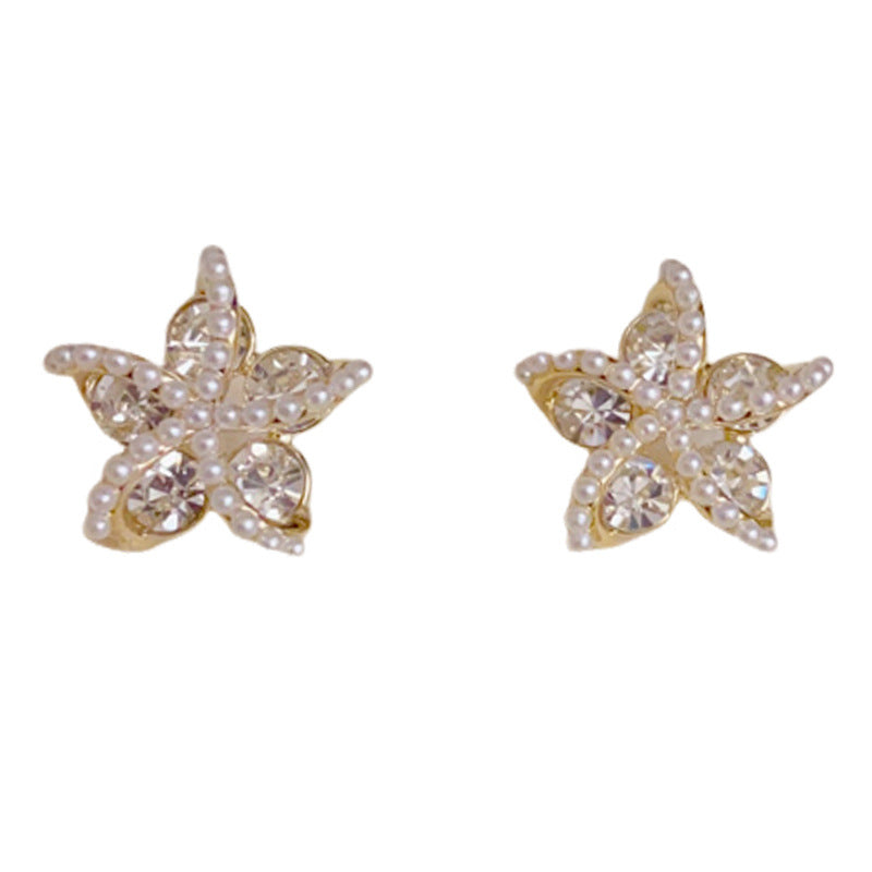 14K Gold Pearl Diamond Starfish Stud Earrings – Elegant Design
