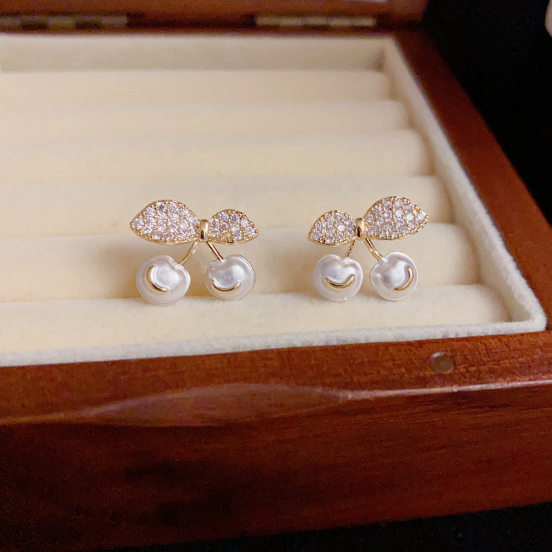 14K Gold Minimalist Zircon&Pearl Cherry Stud Earrings – Elegant Design