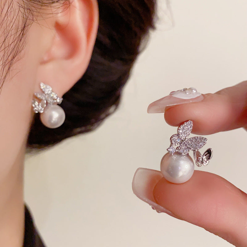 14K Gold Zircon Butterfly Pearl Stud Earrings- Chic Elegance Design