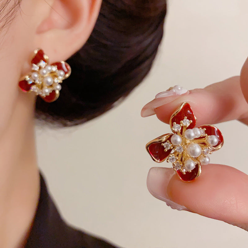 Luxury Zircon Pearl Enamel Petal Stud Earrings – Floral Design
