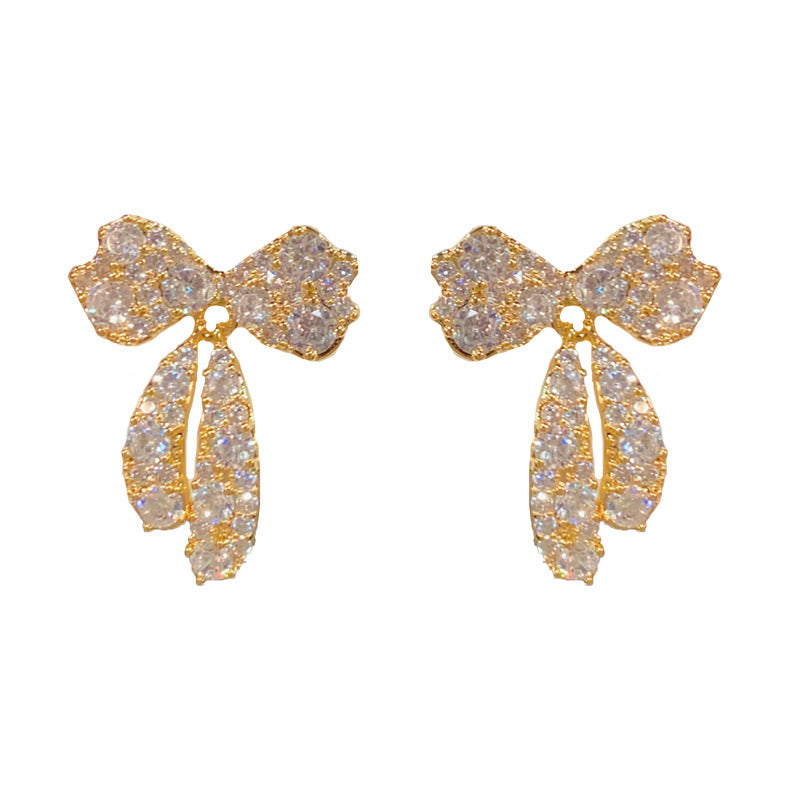 14K Gold-Plated Full Zircon Bow Drop Earrings –Delicate Sparkle Design